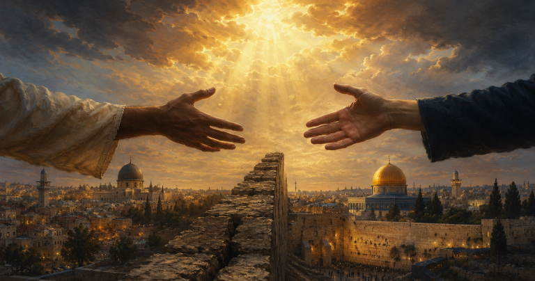o hands reaching toward each other across an ancient stone wall in Jerusalem at dusk, with golden light breaking through clouds above.