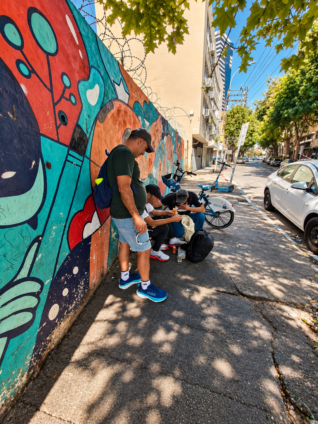 People gathered along a mural during Tel Aviv street outreach