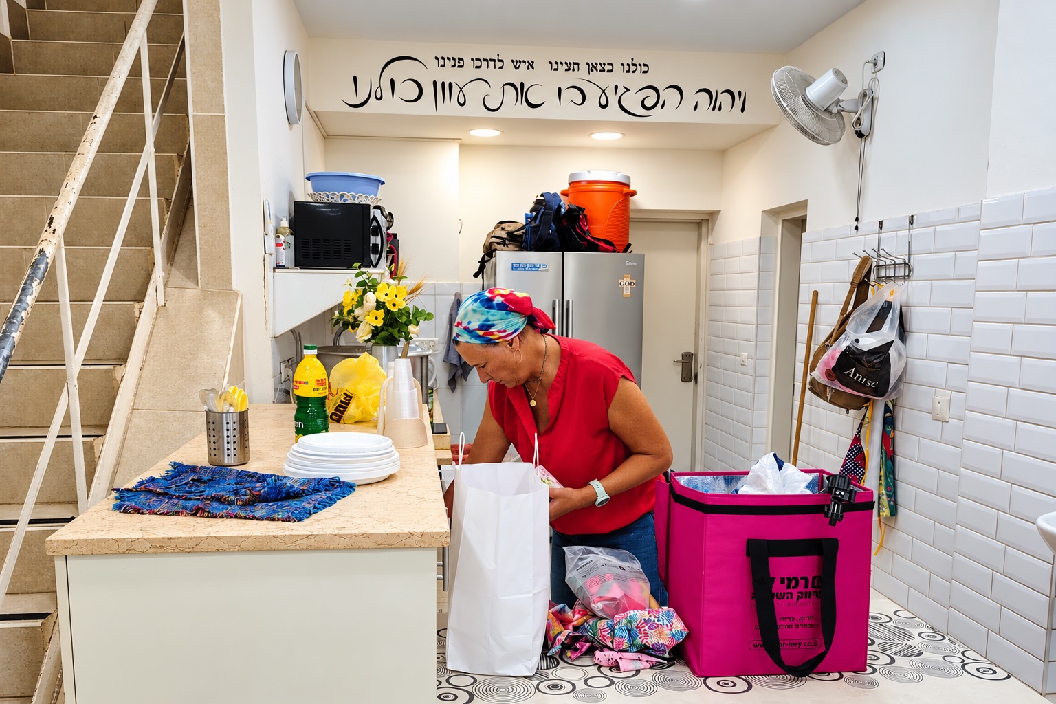 A volunteer prepares bags of food and supplies in the kitchen